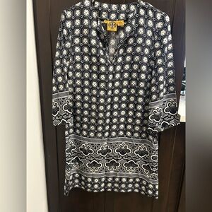 Tory Burch Navy and White Geometric Silk Blouse